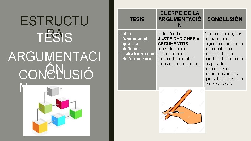 ESTRUCTU RA TÉSIS ARGUMENTACI ÓN CONCLUSIÓ N TESIS CUERPO DE LA ARGUMENTACIÓ N -