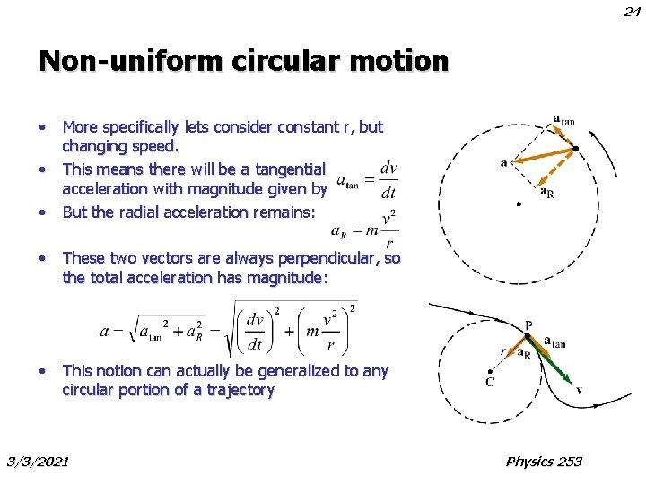 24 Non-uniform circular motion • More specifically lets consider constant r, but changing speed.