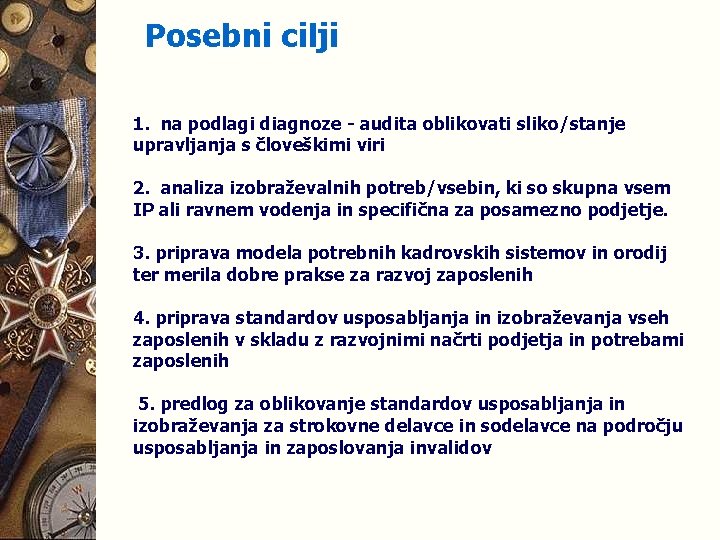 Posebni cilji 1. na podlagi diagnoze - audita oblikovati sliko/stanje upravljanja s človeškimi viri