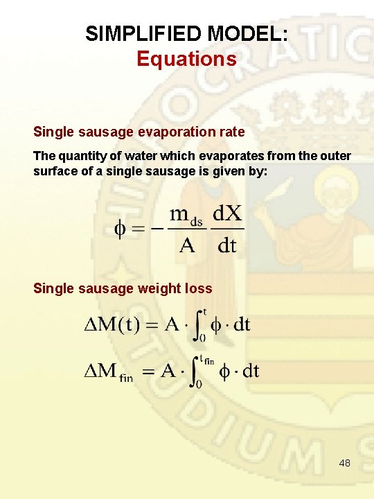 SIMPLIFIED MODEL: Equations Single sausage evaporation rate The quantity of water which evaporates from SIMPLIFIED MODEL: Equations Single sausage evaporation rate The quantity of water which evaporates from