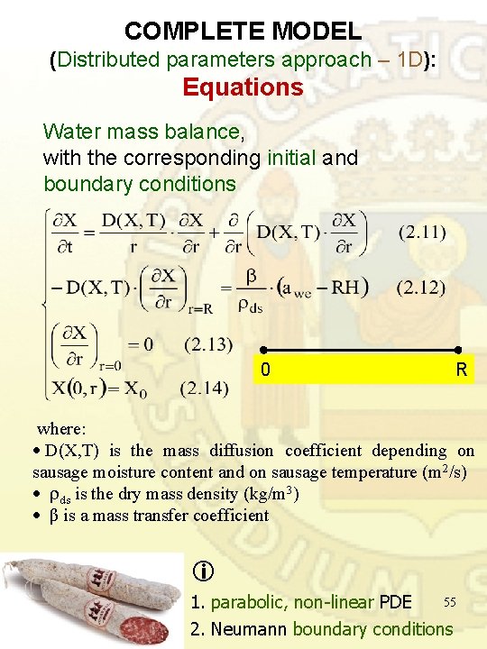 COMPLETE MODEL (Distributed parameters approach – 1 D): Equations Water mass balance, with the COMPLETE MODEL (Distributed parameters approach – 1 D): Equations Water mass balance, with the