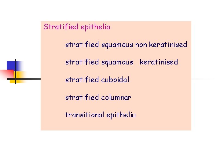 Stratified epithelia stratified squamous non keratinised stratified squamous keratinised stratified cuboidal stratified columnar transitional