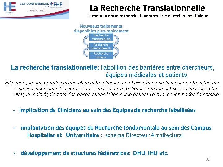 La Recherche Translationnelle Le chainon entre recherche fondamentale et recherche clinique La recherche translationnelle: