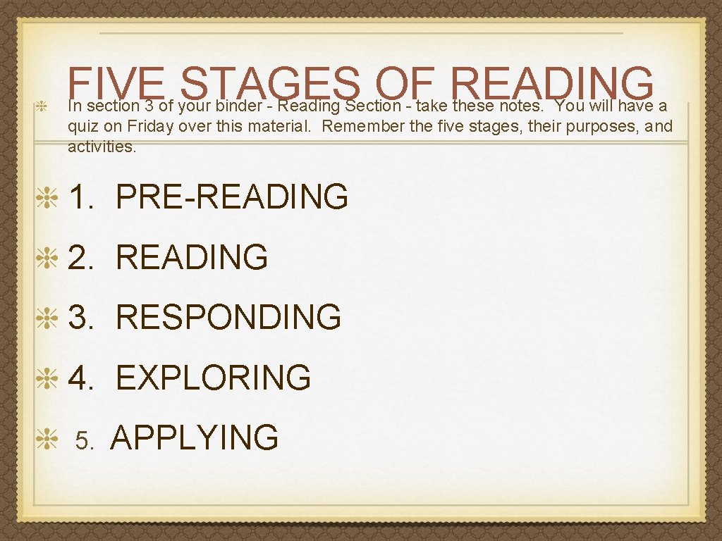 FIVE STAGES OF READING In section 3 of your binder - Reading Section -