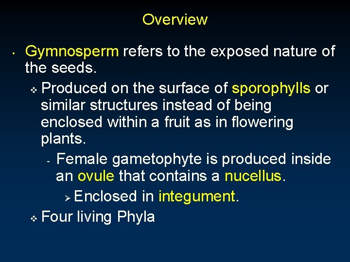 Overview • Gymnosperm refers to the exposed nature of the seeds. v Produced on Overview • Gymnosperm refers to the exposed nature of the seeds. v Produced on
