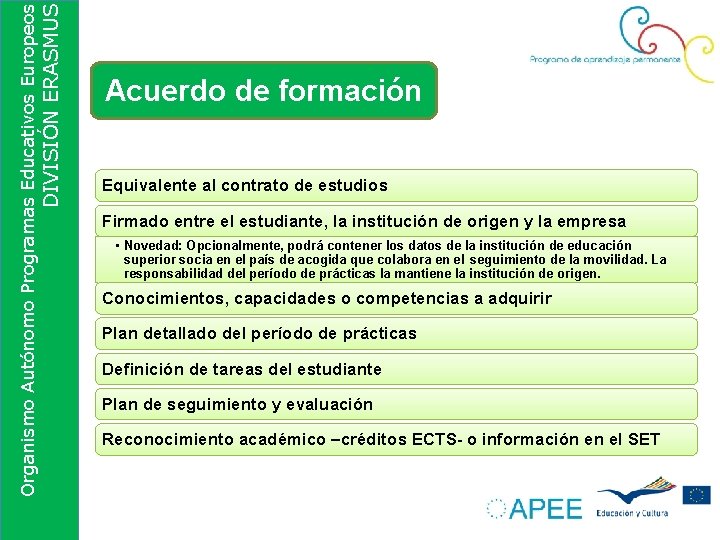 DIVISIÓN ERASMUS Organismo Autónomo Programas Educativos Europeos Acuerdo de formación Equivalente al contrato de