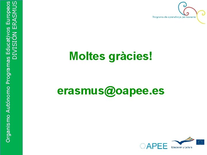 DIVISIÓN ERASMUS Organismo Autónomo Programas Educativos Europeos Moltes gràcies! erasmus@oapee. es 