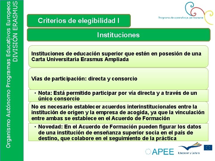 DIVISIÓN ERASMUS Organismo Autónomo Programas Educativos Europeos Criterios de elegibilidad I Instituciones de educación