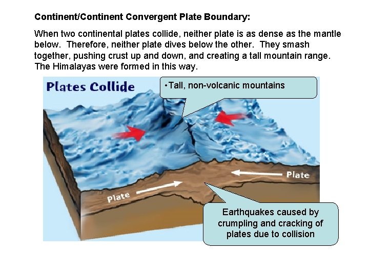 Continent/Continent Convergent Plate Boundary: When two continental plates collide, neither plate is as dense