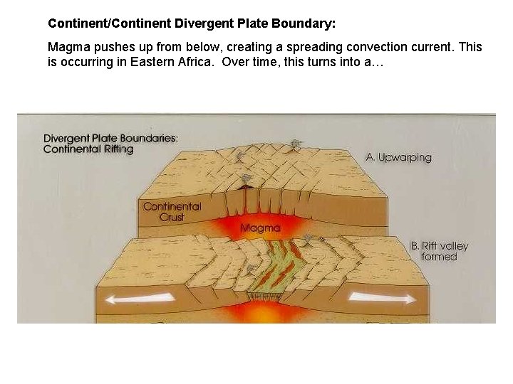 Continent/Continent Divergent Plate Boundary: Magma pushes up from below, creating a spreading convection current.