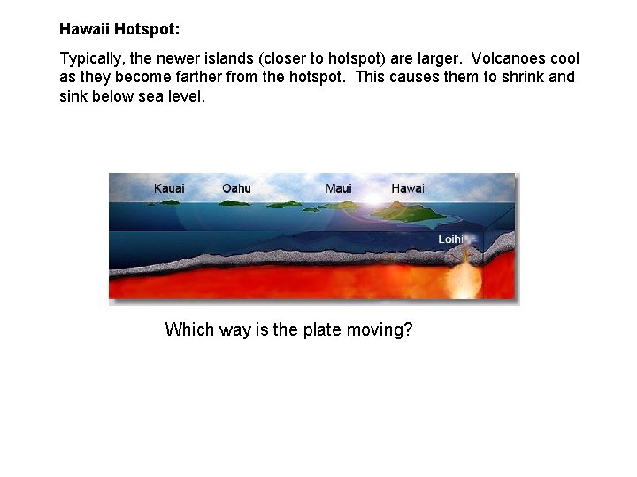 Hawaii Hotspot: Typically, the newer islands (closer to hotspot) are larger. Volcanoes cool as