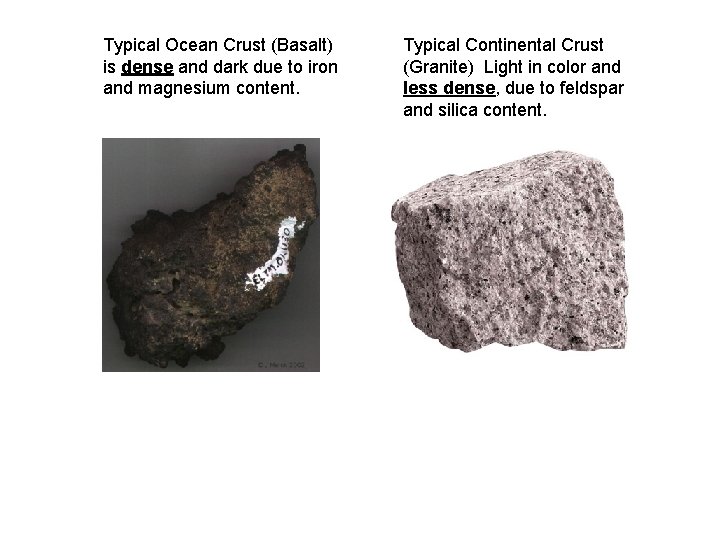 Typical Ocean Crust (Basalt) is dense and dark due to iron and magnesium content.