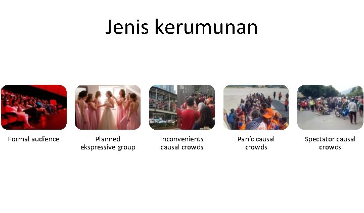 Jenis kerumunan Formal audience Planned ekspressive group Inconvenients causal crowds Panic causal crowds Spectator