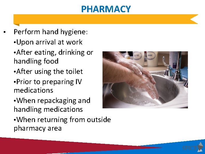 PHARMACY • Perform hand hygiene: • Upon arrival at work • After eating, drinking