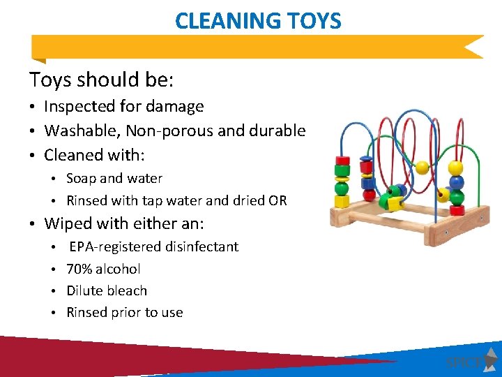 CLEANING TOYS Toys should be: • Inspected for damage • Washable, Non-porous and durable