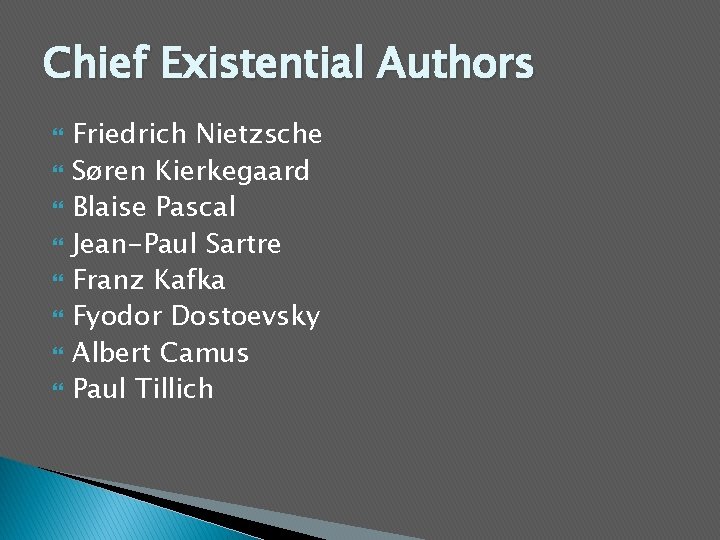 Chief Existential Authors Friedrich Nietzsche Søren Kierkegaard Blaise Pascal Jean-Paul Sartre Franz Kafka Fyodor