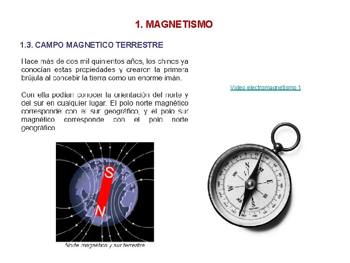 1. MAGNETISMO 1. 3. CAMPO MAGNETICO TERRESTRE Video electromagnetismo 1 