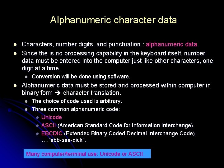 Alphanumeric character data l l Characters, number digits, and punctuation : alphanumeric data. Since Alphanumeric character data l l Characters, number digits, and punctuation : alphanumeric data. Since