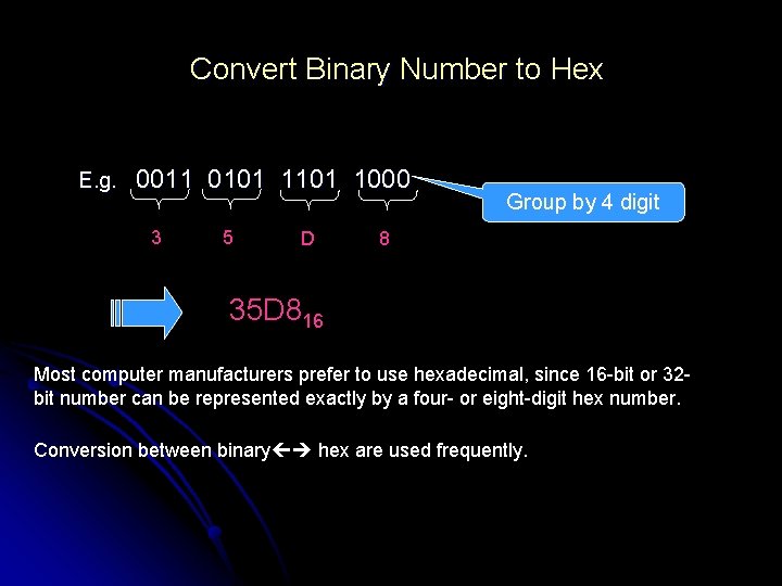 Convert Binary Number to Hex E. g. 0011 0101 1000 3 5 D Group Convert Binary Number to Hex E. g. 0011 0101 1000 3 5 D Group