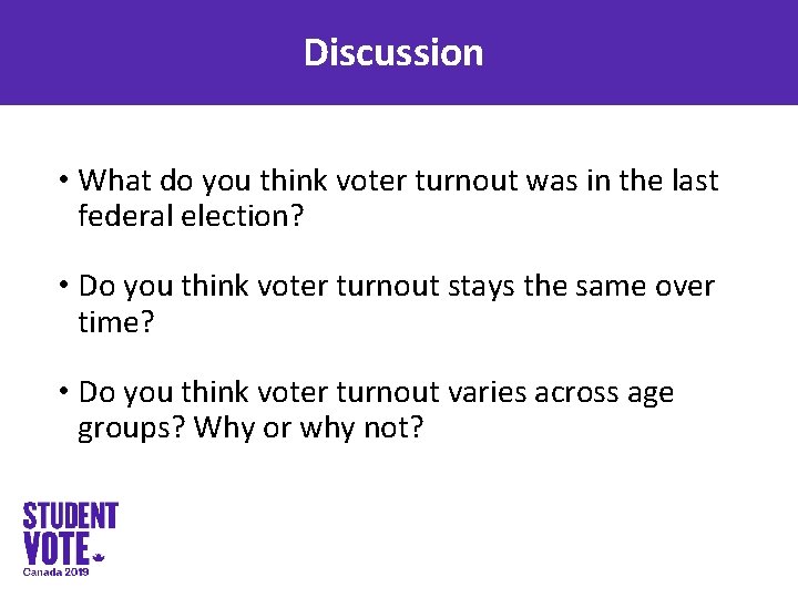 Discussion • What do you think voter turnout was in the last federal election?