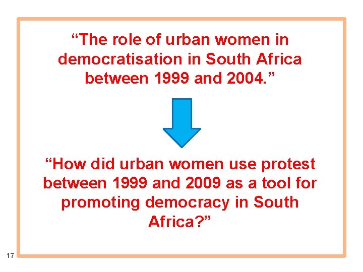 “The role of urban women in democratisation in South Africa between 1999 and 2004.