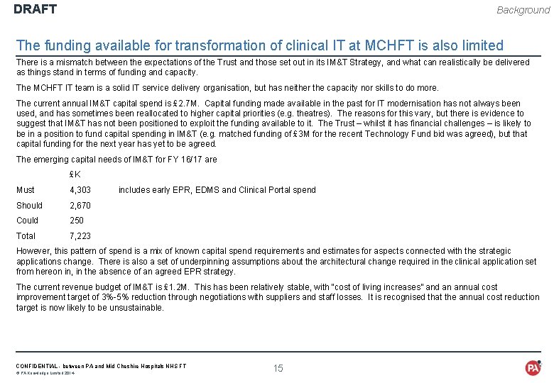 DRAFT Background The funding available for transformation of clinical IT at MCHFT is also