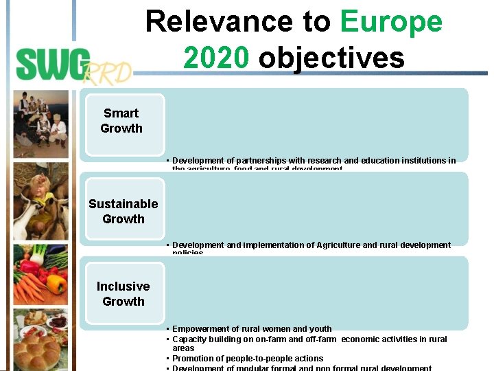 Relevance to Europe 2020 objectives Smart Growth Sustainable Growth Inclusive Growth • Development of