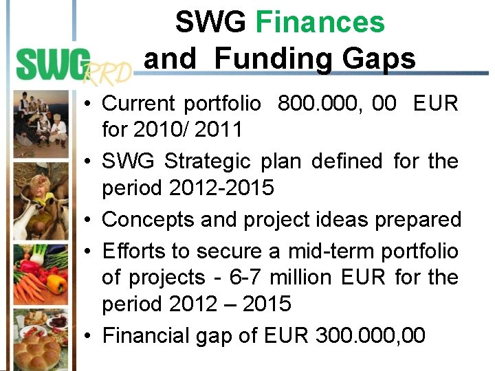 SWG Finances and Funding Gaps • Current portfolio 800. 000, 00 EUR for 2010/ SWG Finances and Funding Gaps • Current portfolio 800. 000, 00 EUR for 2010/