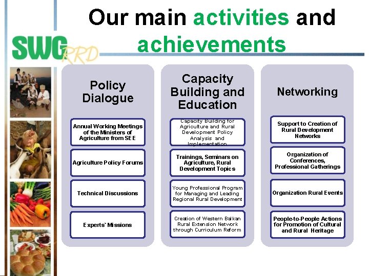 Our main activities and achievements Policy Dialogue Capacity Building and Education Networking Annual Working