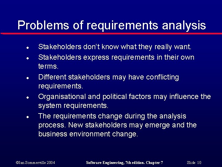 Problems of requirements analysis l l l Stakeholders don’t know what they really want.