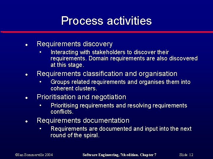 Process activities l Requirements discovery • l Requirements classification and organisation • l Groups