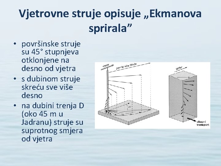 Vjetrovne struje opisuje „Ekmanova sprirala” • površinske struje su 45° stupnjeva otklonjene na desno