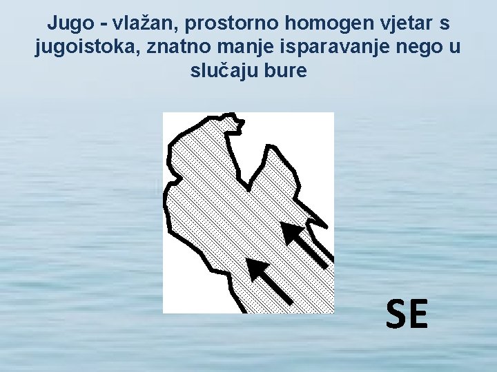 Jugo - vlažan, prostorno homogen vjetar s jugoistoka, znatno manje isparavanje nego u slučaju