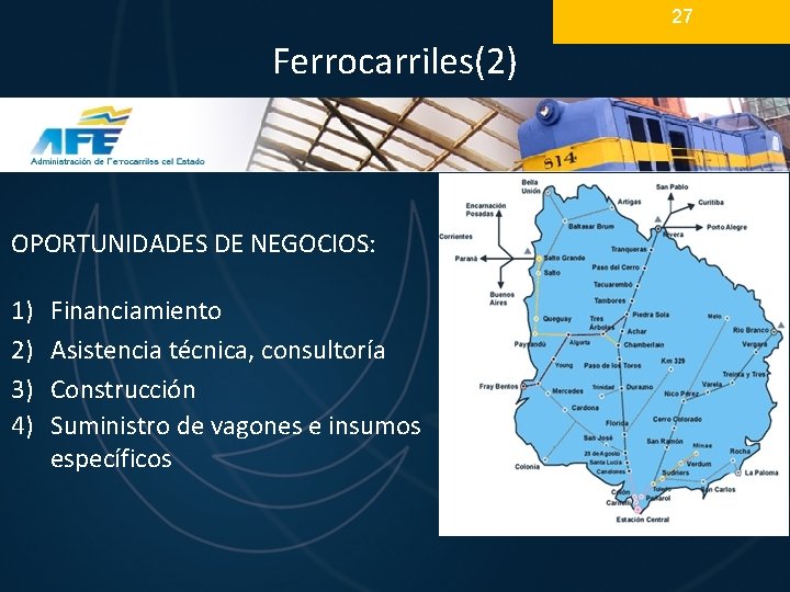 27 Ferrocarriles(2) OPORTUNIDADES DE NEGOCIOS: 1) 2) 3) 4) Financiamiento Asistencia técnica, consultoría Construcción 27 Ferrocarriles(2) OPORTUNIDADES DE NEGOCIOS: 1) 2) 3) 4) Financiamiento Asistencia técnica, consultoría Construcción