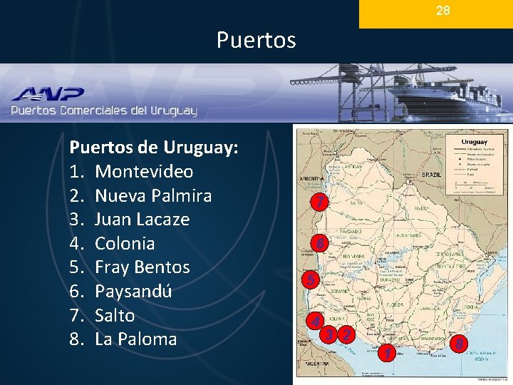 28 Puertos de Uruguay: 1. Montevideo 2. Nueva Palmira 3. Juan Lacaze 4. Colonia 28 Puertos de Uruguay: 1. Montevideo 2. Nueva Palmira 3. Juan Lacaze 4. Colonia
