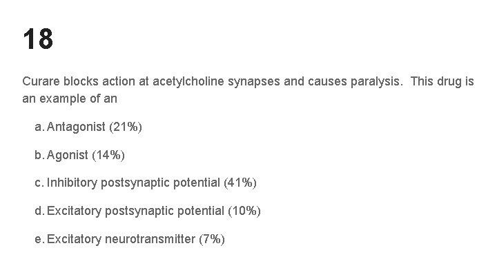 18 Curare blocks action at acetylcholine synapses and causes paralysis. This drug is an 18 Curare blocks action at acetylcholine synapses and causes paralysis. This drug is an