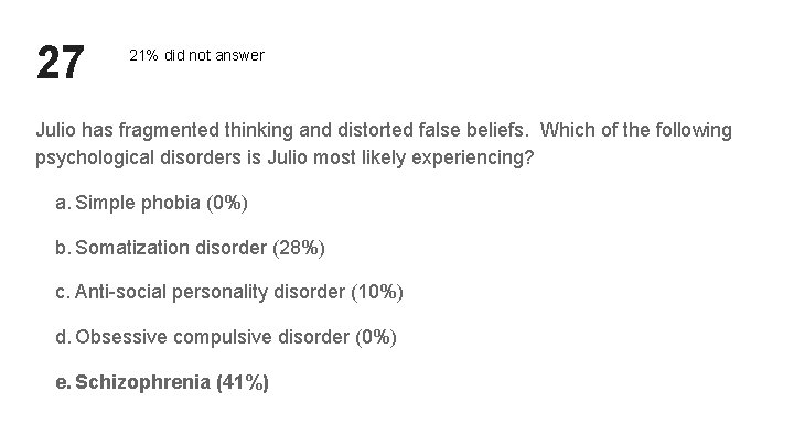 27 21% did not answer Julio has fragmented thinking and distorted false beliefs. Which 27 21% did not answer Julio has fragmented thinking and distorted false beliefs. Which