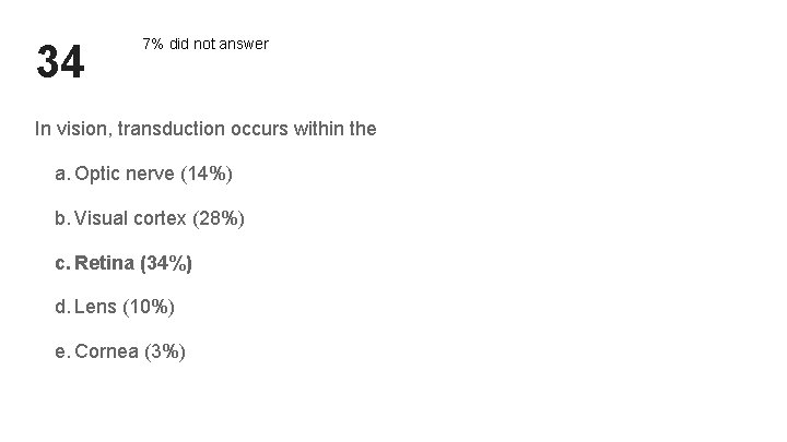 34 7% did not answer In vision, transduction occurs within the a. Optic nerve 34 7% did not answer In vision, transduction occurs within the a. Optic nerve