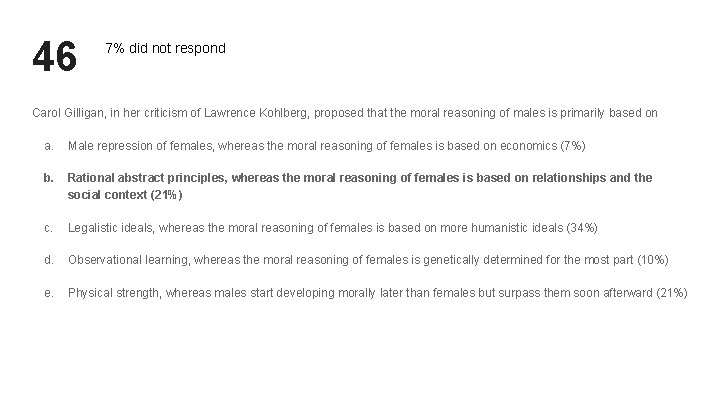 46 7% did not respond Carol Gilligan, in her criticism of Lawrence Kohlberg, proposed 46 7% did not respond Carol Gilligan, in her criticism of Lawrence Kohlberg, proposed