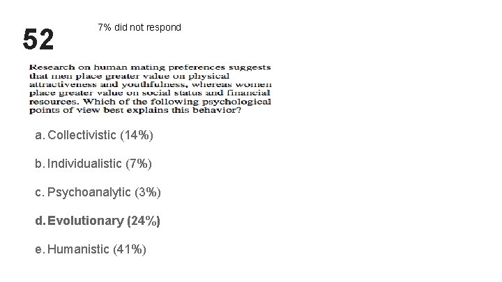 52 7% did not respond a. Collectivistic (14%) b. Individualistic (7%) c. Psychoanalytic (3%) 52 7% did not respond a. Collectivistic (14%) b. Individualistic (7%) c. Psychoanalytic (3%)
