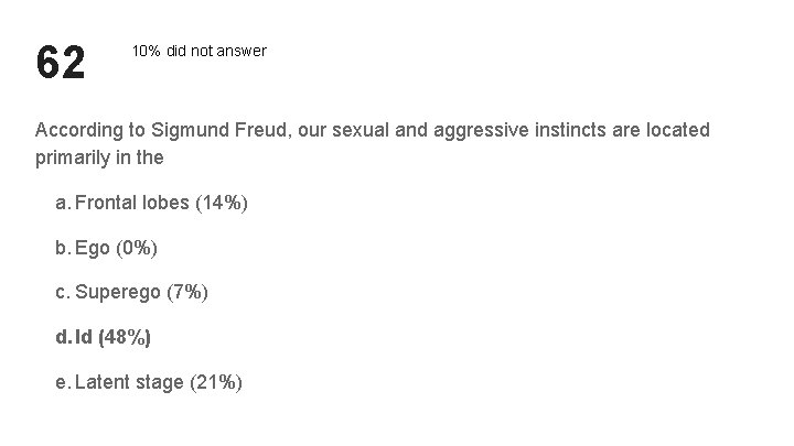 62 10% did not answer According to Sigmund Freud, our sexual and aggressive instincts 62 10% did not answer According to Sigmund Freud, our sexual and aggressive instincts