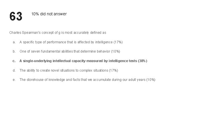 63 10% did not answer Charles Spearman’s concept of g is most accurately defined 63 10% did not answer Charles Spearman’s concept of g is most accurately defined