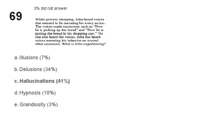 69 3% did not answer a. Illusions (7%) b. Delusions (34%) c. Hallucinations (41%) 69 3% did not answer a. Illusions (7%) b. Delusions (34%) c. Hallucinations (41%)