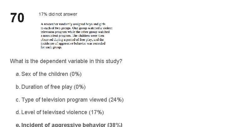 70 17% did not answer What is the dependent variable in this study? a. 70 17% did not answer What is the dependent variable in this study? a.