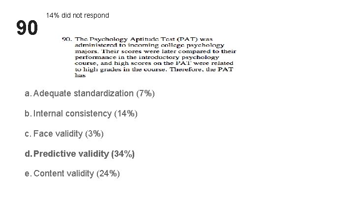 90 14% did not respond a. Adequate standardization (7%) b. Internal consistency (14%) c. 90 14% did not respond a. Adequate standardization (7%) b. Internal consistency (14%) c.