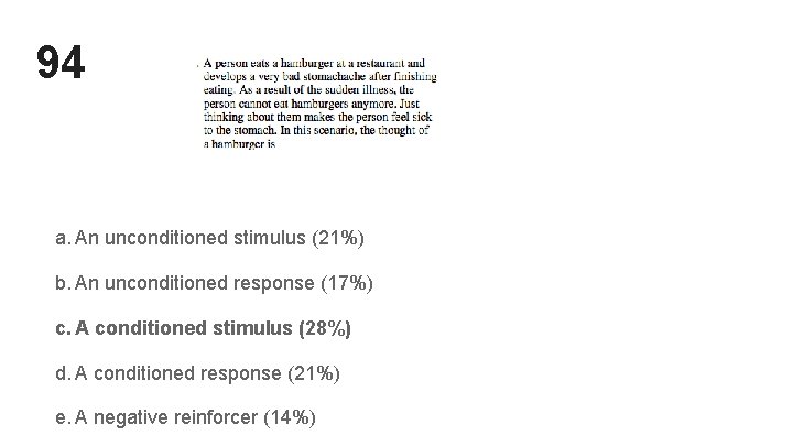 94 a. An unconditioned stimulus (21%) b. An unconditioned response (17%) c. A conditioned 94 a. An unconditioned stimulus (21%) b. An unconditioned response (17%) c. A conditioned