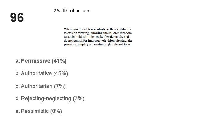 96 3% did not answer a. Permissive (41%) b. Authoritative (45%) c. Authoritarian (7%) 96 3% did not answer a. Permissive (41%) b. Authoritative (45%) c. Authoritarian (7%)