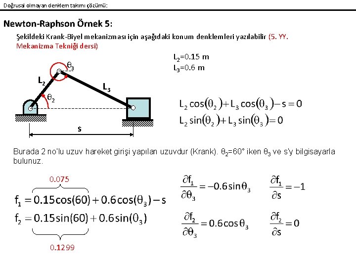 Doğrusal olmayan denklem takımı çözümü: Newton-Raphson Örnek 5: Şekildeki Krank-Biyel mekanizması için aşağıdaki konum