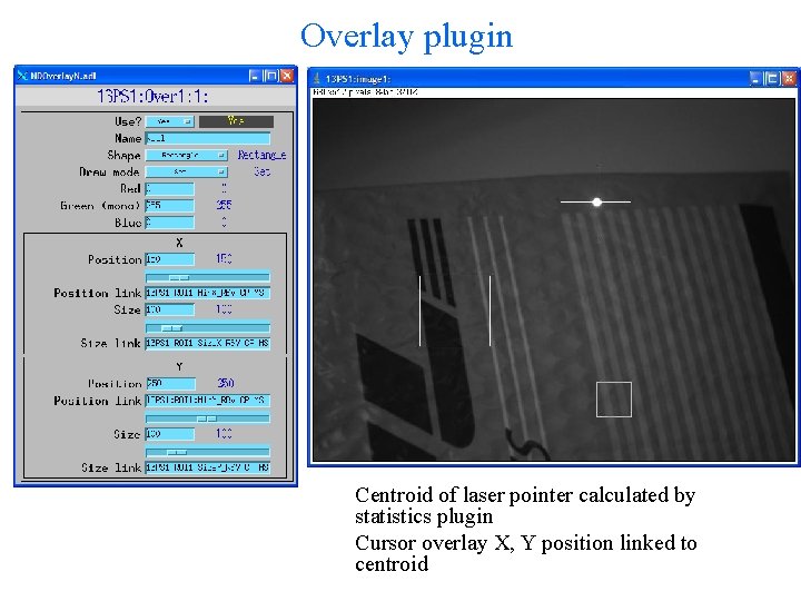 Overlay plugin Centroid of laser pointer calculated by statistics plugin Cursor overlay X, Y