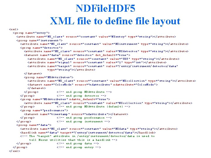 NDFile. HDF 5 XML file to define file layout <xml> <group name="entry"> <attribute name="NX_class"